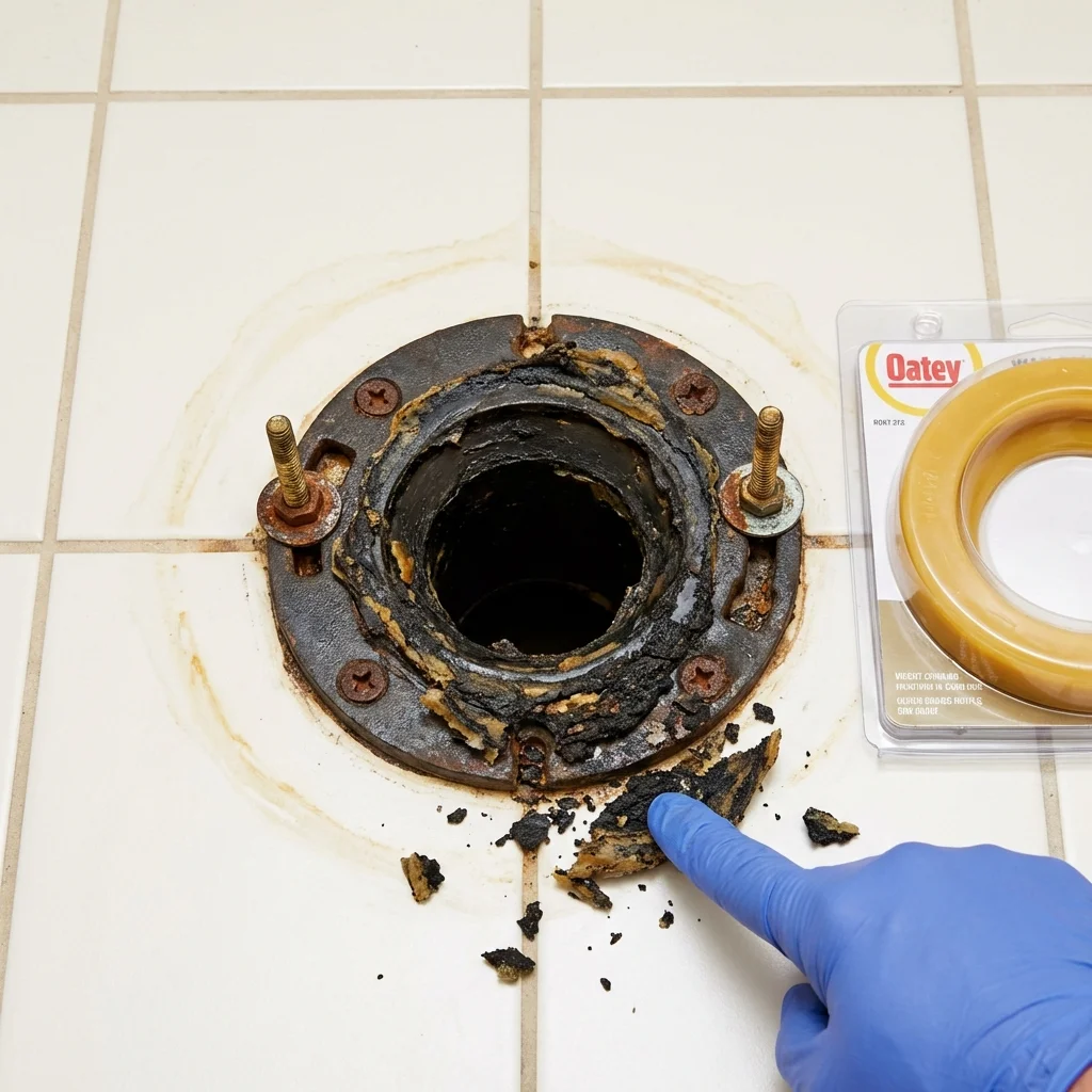 Failed wax ring showing water seepage at the base of a toilet in a Fairfield, ME home