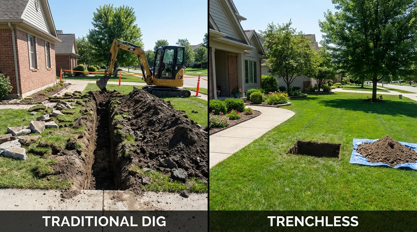 Trenchless sewer repair with minimal yard damage versus traditional excavation in Fairfield, ME
